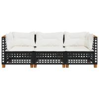 Tuinbank 3-zits met kussens poly rattan zwart - thumbnail