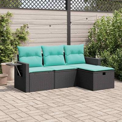 4-delige Loungeset met kussens poly rattan zwart