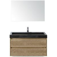Dante Badmeubelset 100 cm - Natuur Eiken - Wastafel Hardsteen Wit Lucca met Spiegel - thumbnail
