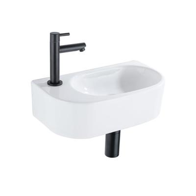 QeramiQ Fuente Fonteinset - 40x21.5x12cm - links - glad - halfrond - 1 kraangat - keramiek - fonteinkraan zwart mat - afvoerplug - verlaagd sifon - wit glans SW1209554/SW696205/SW696215/SW696235