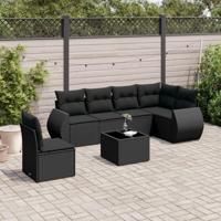 7-delige Loungeset met kussens poly rattan zwart - thumbnail