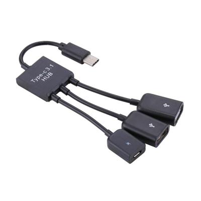 Draagbare USB-C / Type-C Male naar Dual USB poorten vrouwelijke + Micro USB vrouwelijke minikabel Hub Splitter Adapter