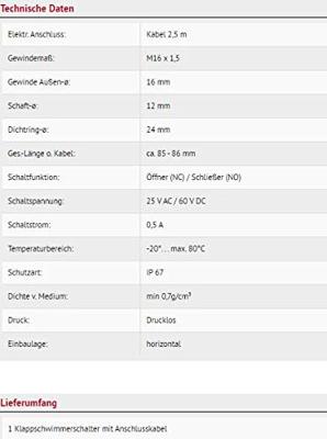 Schabus 200949 Mini-vlotterschakelaar Vullen, Legen 2.50 m