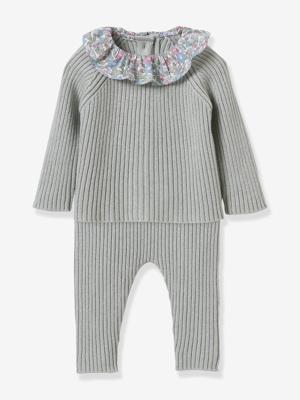 Gebreide babyset met kraag van Liberty-stof CYRILLUS rozen