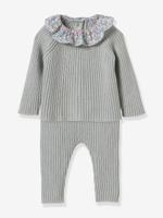 Gebreide babyset met kraag van Liberty-stof CYRILLUS rozen - thumbnail