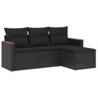 4-delige Loungeset met kussens poly rattan zwart - thumbnail