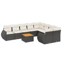 10-delige Loungeset met kussens poly rattan zwart - thumbnail