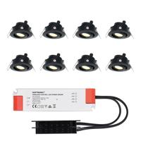 Set van 8 Sienna LED Mini Inbouwspots met trafo - 12 Volt 3 Watt 200 lumen - Kantelbaar - Plat 58mm - 2700K - IP44 waterdicht - Zwart - thumbnail