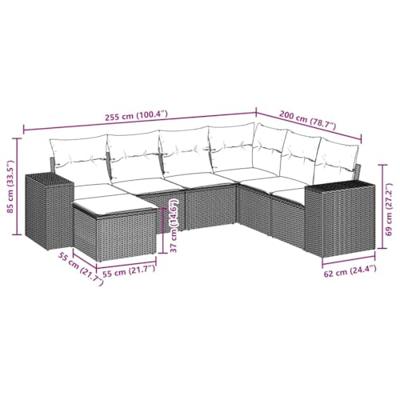 7-delige Loungeset met kussens poly rattan grijs