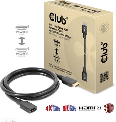 CLUB3D Ultra High Speed HDMI Extension Cable 4K120Hz 8K60Hz 48Gbps M/F 1 m / 3.28 ft 30AWG