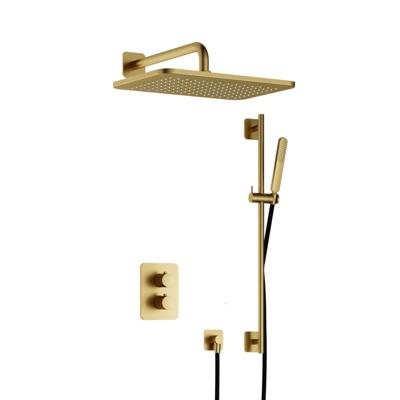 Hotbath Gal - GL106 - Inbouw Regendoucheset - Geborsteld Messing PVD - Thermostatisch - Wandarm 35 cm - Hoofddouche 270x400 mm - Staafhanddouche - Glijstang 900 mm - met GL106 - met 2-Weg Stop-Omstel