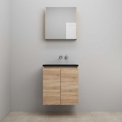 On-Line Badkamermeubelset - 60 cm - Bouwpakket - Greeploze Ladestructuur - Acryl Wastafel - zonder Kraangat - Spiegelkast - Eiken
