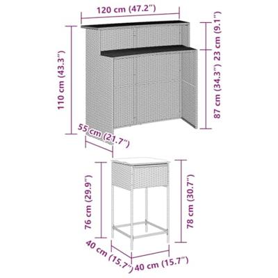 3-delige Tuinbarset met kussens poly rattan zwart