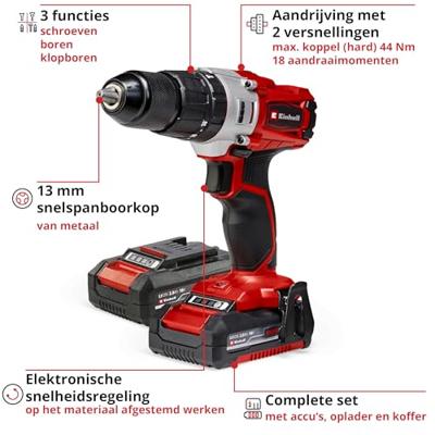 Einhell Power X-Change TE-CD 18/2 Li-i +64 (2x2,0 Ah) Accu-klopboor/schroefmachine 2 snelheden Incl. 2 accus Einhell Power X-Change TE-CD 18/2 Li-i +64 (2x2,0 Ah) Accu-klopboor/schroefmachine 2 snelheden Incl. 2 accus