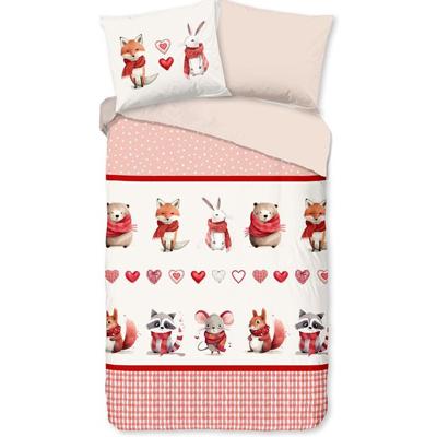 Good Morning Kinderdekbedovertrek "dieren met sjaal" - Rood - (140x200/220 cm) - Katoen Flanel