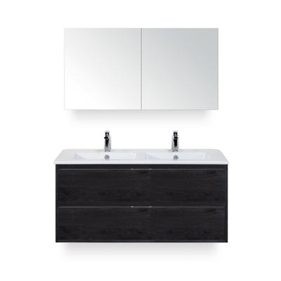 Porto Badmeubelset 120 cm - 2 laden Black Oak - Keramische Wastafel Wit Slim - met Spiegelkast