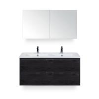Porto Badmeubelset 120 cm - 2 laden Black Oak - Keramische Wastafel Wit Slim - met Spiegelkast - thumbnail