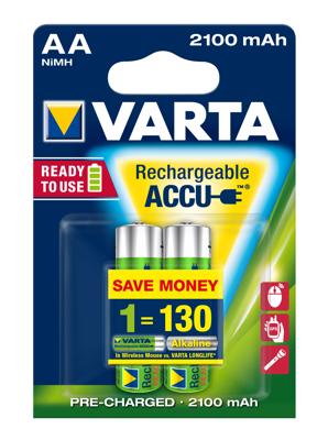 Varta Rechargeable Accu Ready2Use AA Micro 2100 mAh Ni-Mh batterij (oplaadbaar zonder geheugeneffect, direct klaar voor gebruik) AA 2-pack Mignon AA meerkleurig