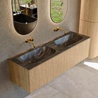 Mondiaz KURVE-DLUX 150 cm Onderkast Greeploos 2 Lades Zonder Deuren Oak, Wastafel Solid Surface Dubbel Lava 0 Kraangaten Zonder Spiegel (KRVSTS1502L0D0KD-Oak/Lav) - thumbnail