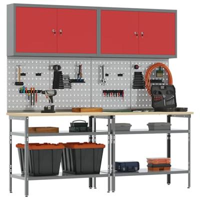 Werkbankset met plank 8 pcs Rood en Grijs Gepoedercoat staal