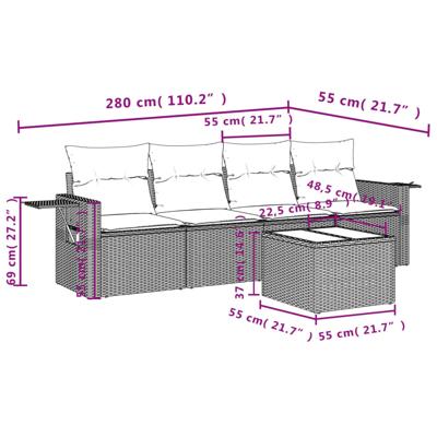 5-delige Loungeset met kussens poly rattan zwart - thumbnail