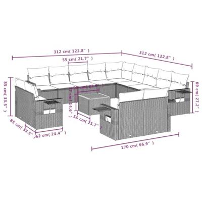 14-delige Loungeset met kussens poly rattan grijs