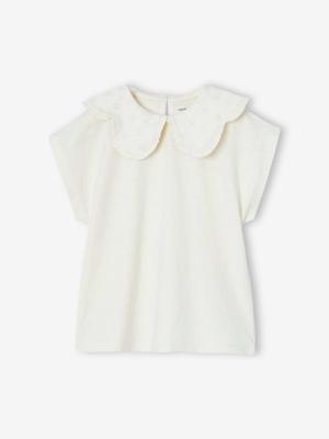 Meisjesshirt met geborduurde kraag ecru