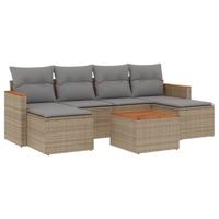 7-delige Loungeset met kussens poly rattan gemengd beige - thumbnail