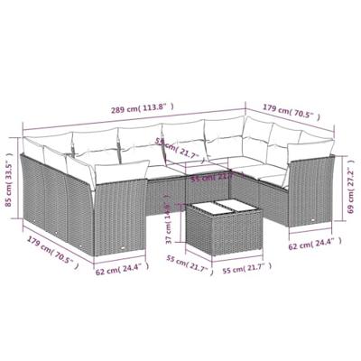 10-delige Loungeset met kussens poly rattan zwart