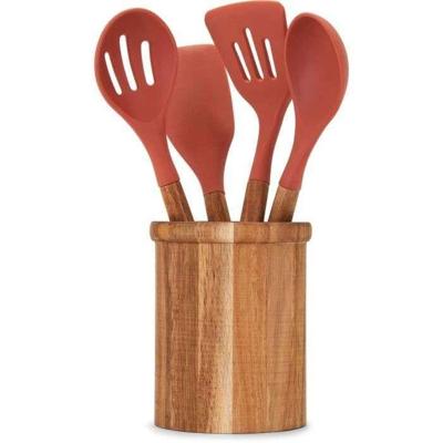 Set van 4 bestek - LIVOO - MES153 - Pot en bestek acacia FSC - Siliconen 31 cm - Pot 15 x 12 cm