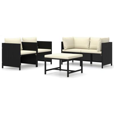 5-delige Loungeset met kussens poly rattan zwart