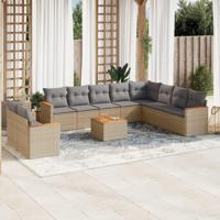 11-delige Loungeset met kussens poly rattan gemengd beige - thumbnail