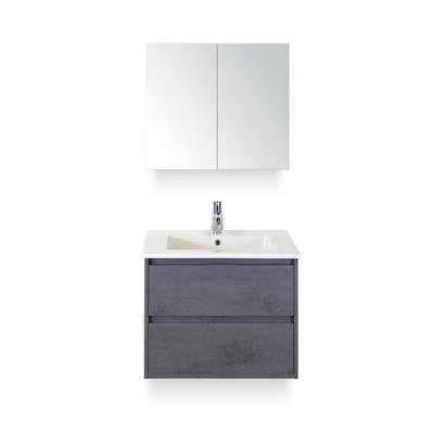 Porto Badmeubelset 70 cm - Beton Antraciet - Keramische Wastafel Wit Slim - met Spiegelkast