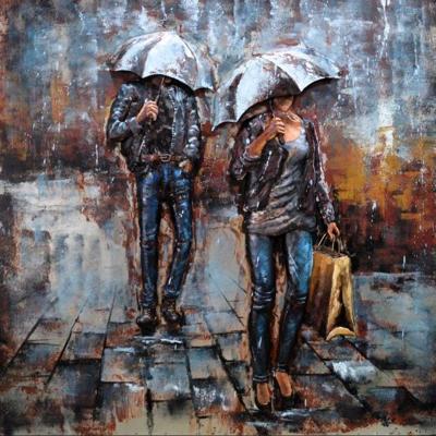 Schilderij - Metaalschilderij - Twee mensen onder paraplu ,100x100cm, 3D schilderij