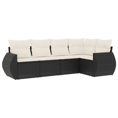 5-delige Loungeset met kussens poly rattan zwart - thumbnail