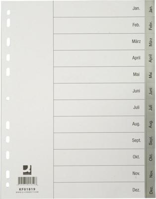 Q-CONNECT tabbladen, A4, PP, 11-gaatsperforatie, met indexblad, set van Jan-Dec, grijs