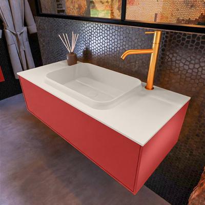 Badkamermeubelset Mondiaz Erin 100 cm met 1 Lade met RIDGE Wastafel Midden Linen met 1 kraangat Greeploos Mat Fire