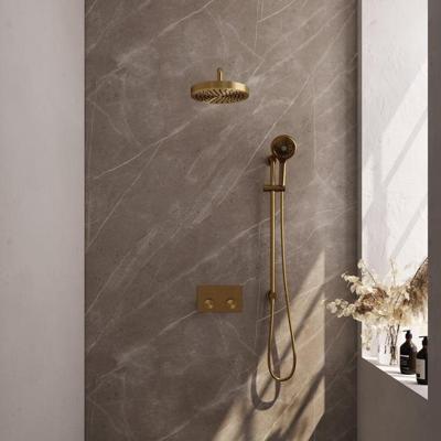 Brauer Stripe thermostatische inbouw regendouche met drukknoppen SET 35 met 25 cm douchekop en gebogen muurarm en 3-standen handdouche en doucheslang en geintegreerde glijstang goud geborsteld PVD