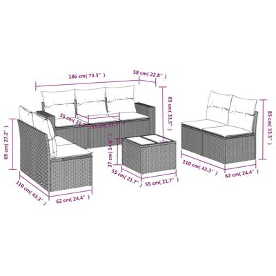 7-delige Loungeset met kussens poly rattan zwart