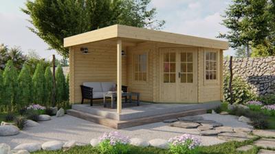 Tuindeco Stig Blokhut 250x300 cm + overkapping 250 cm 28 mm vuren blank- Plat dak- Onbehandeld vurenhout- Tuindeco