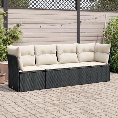 4-delige Loungeset met kussens poly rattan zwart