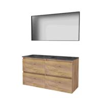 Basic-Line Framed 46 Badkamermeubelset - 120 x 46 cm - Greeploos - 2 Lades - Hardstenen Wastafel - 2 Kraangaten - Spiegel met Zwart Aluminium Frame - Whisky Oak - thumbnail