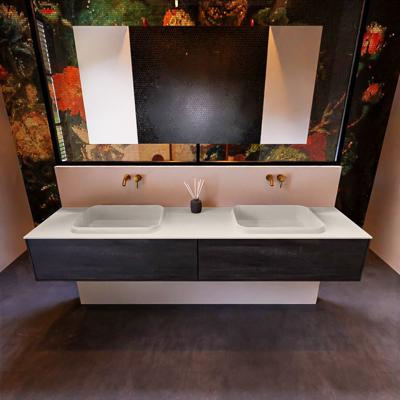 Badkamermeubelset Mondiaz Erin 200 cm met 2 Lades met RIDGE Wastafel Dubbel Linen Zonder Kraangaten Greeploos Mat Dark Brown Badkamermeubelset Mondiaz Erin 200 cm met 2 Lades met RIDGE Wastafel Dubbel Linen Zonder Kraangaten Greeploos Mat Dark Brown