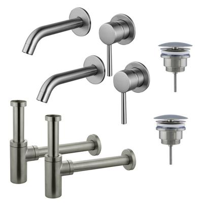 Fortifura Calvi Slim Wastafelkraanset - voor dubbele wastafel - inbouw wastafelkraan - always open plug - design sifon - Geborsteld RVS PVD (RVS) 2x SW377860/2x SW696207/2x SW696212 Fortifura Calvi Slim Wastafelkraanset - voor dubbele wastafel - inbouw wastafelkraan - always open plug - design sifon - Geborsteld RVS PVD (RVS) 2x SW377860/2x SW696207/2x SW696212