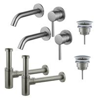 Fortifura Calvi Slim Wastafelkraanset - voor dubbele wastafel - inbouw wastafelkraan - always open plug - design sifon - Geborsteld RVS PVD (RVS) 2x SW377860/2x SW696207/2x SW696212 - thumbnail