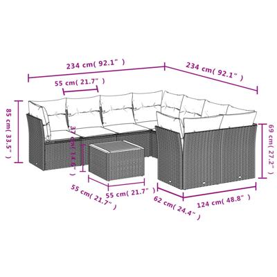 9-delige Loungeset met kussens poly rattan grijs - thumbnail