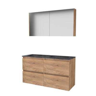 Basic-Line Comfort 46 Badkamermeubelset - 120 x 46 cm - Greeploos - 4 Lades - Hardstenen Wastafel - 2 Kraangaten - Spiegelkast - Whisky Oak