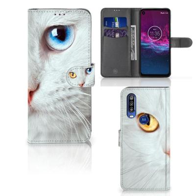Motorola One Action | Telefoonhoesje | Met pasjeshouder | Witte Kat