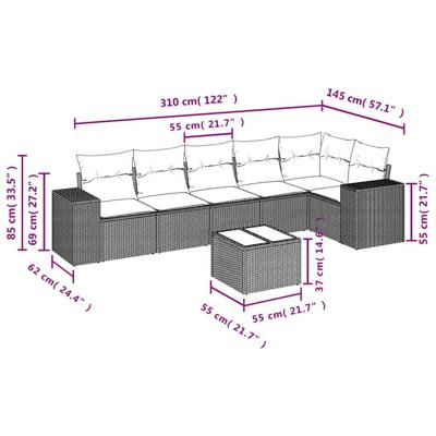 7-delige Loungeset met kussens poly rattan zwart