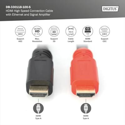 Digitus DB-330118-100-S HDMI-kabel HDMI Aansluitkabel HDMI-A-stekker 10 m Zwart 4K UHD, Afgeschermd (dubbel), Afscherming gevlochten, Afscherming totaal,